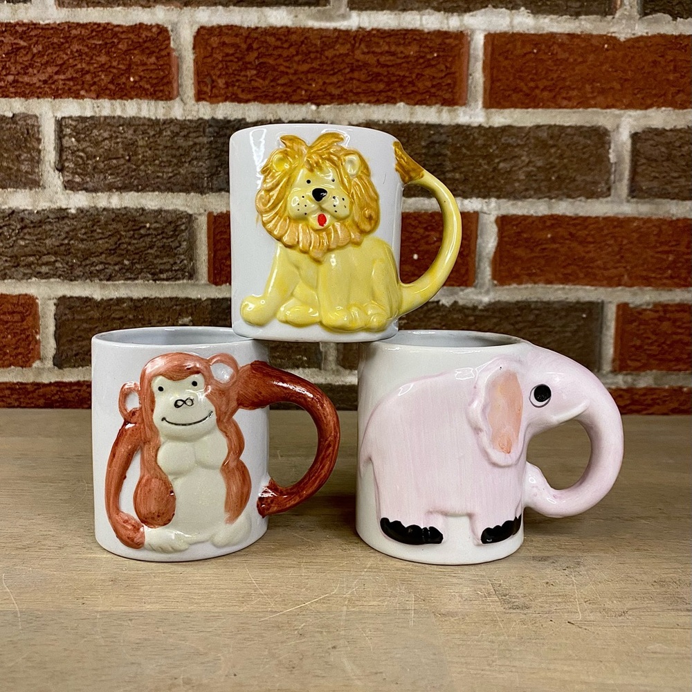 Lot of 3 3D JSNY Coffee Cup/Mug Lion Monkey Elephant‎ Taiwan Kids Granny Vintage